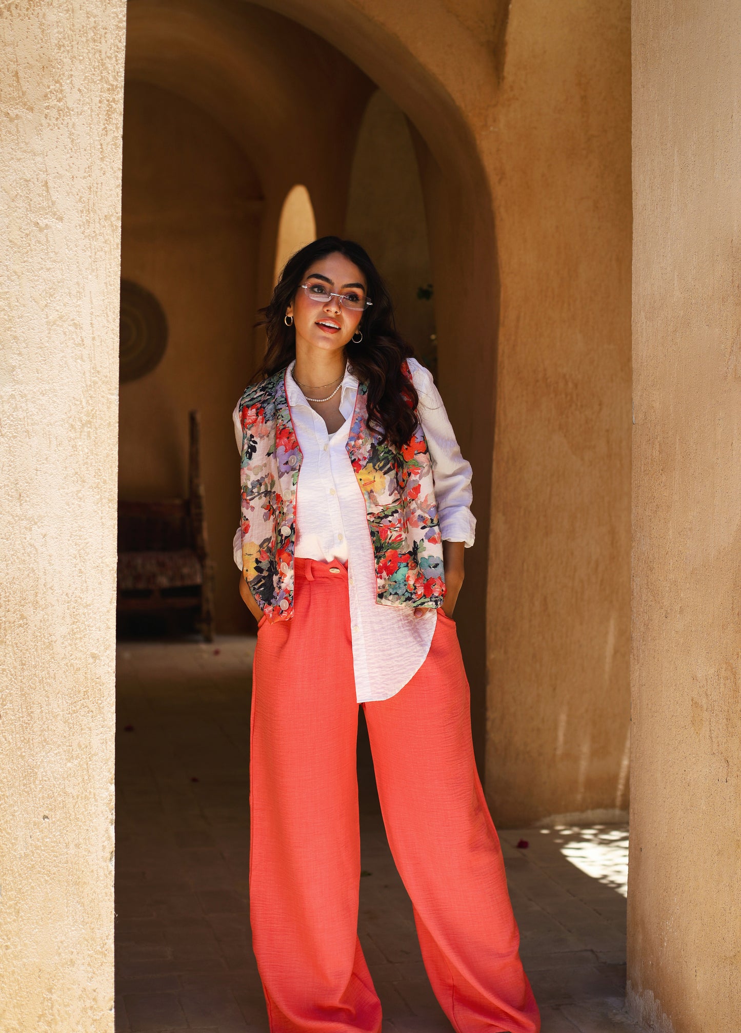 PEACH LINEN BLEND WIDE-LEG TROUSERS