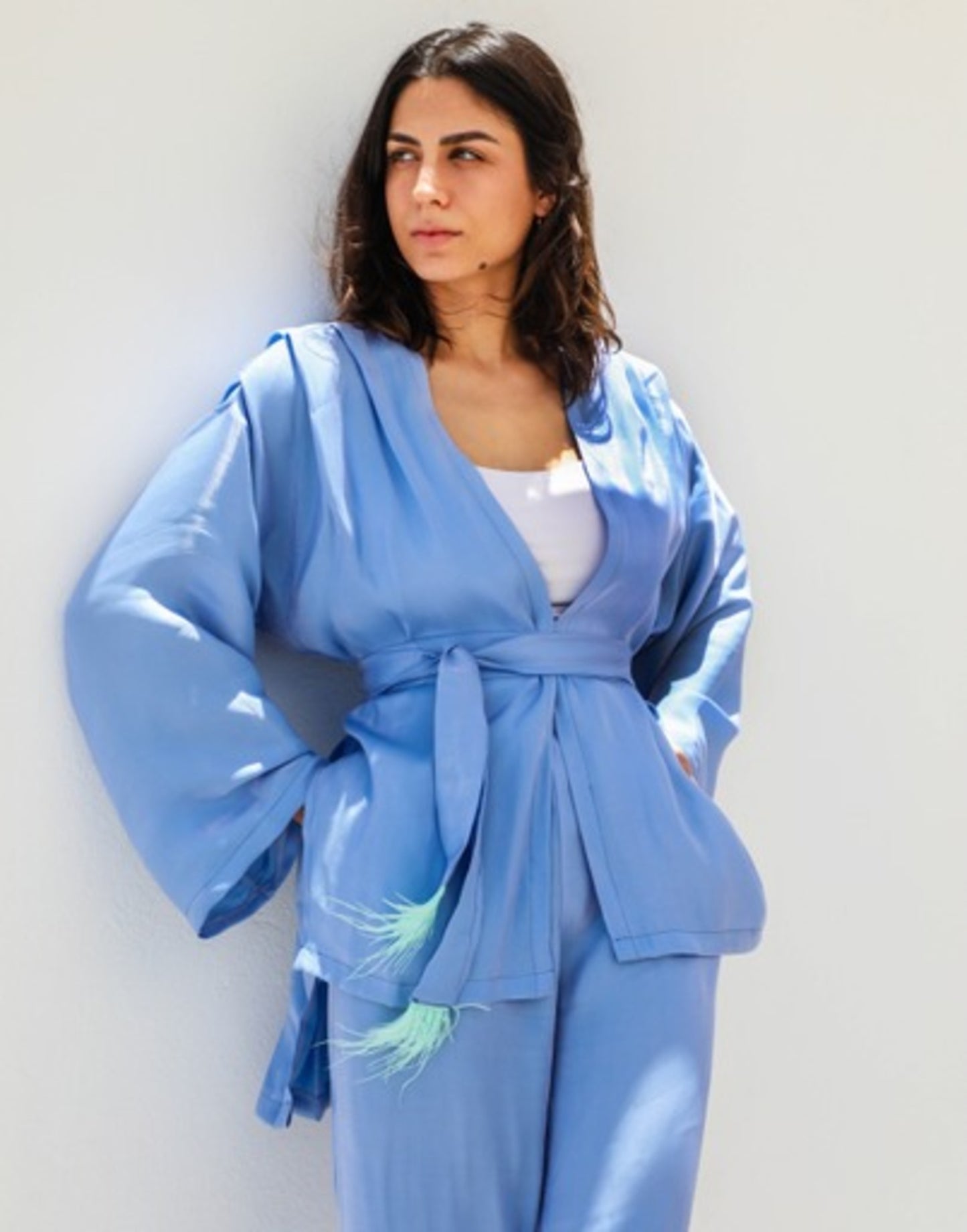 Draped Shoulder Blue Set
