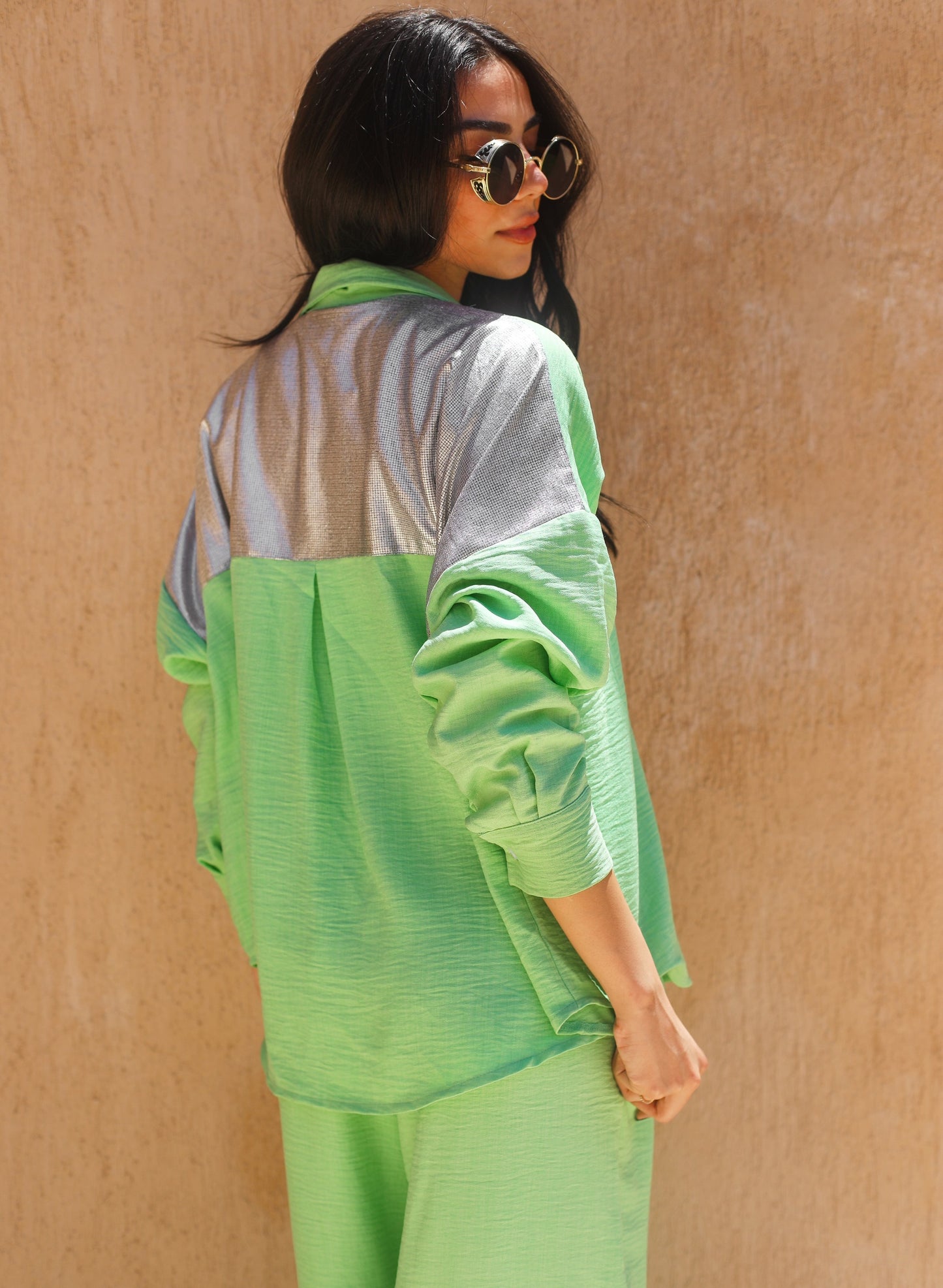 GREEN LINEN BLEND OVERSIZED SHIRT