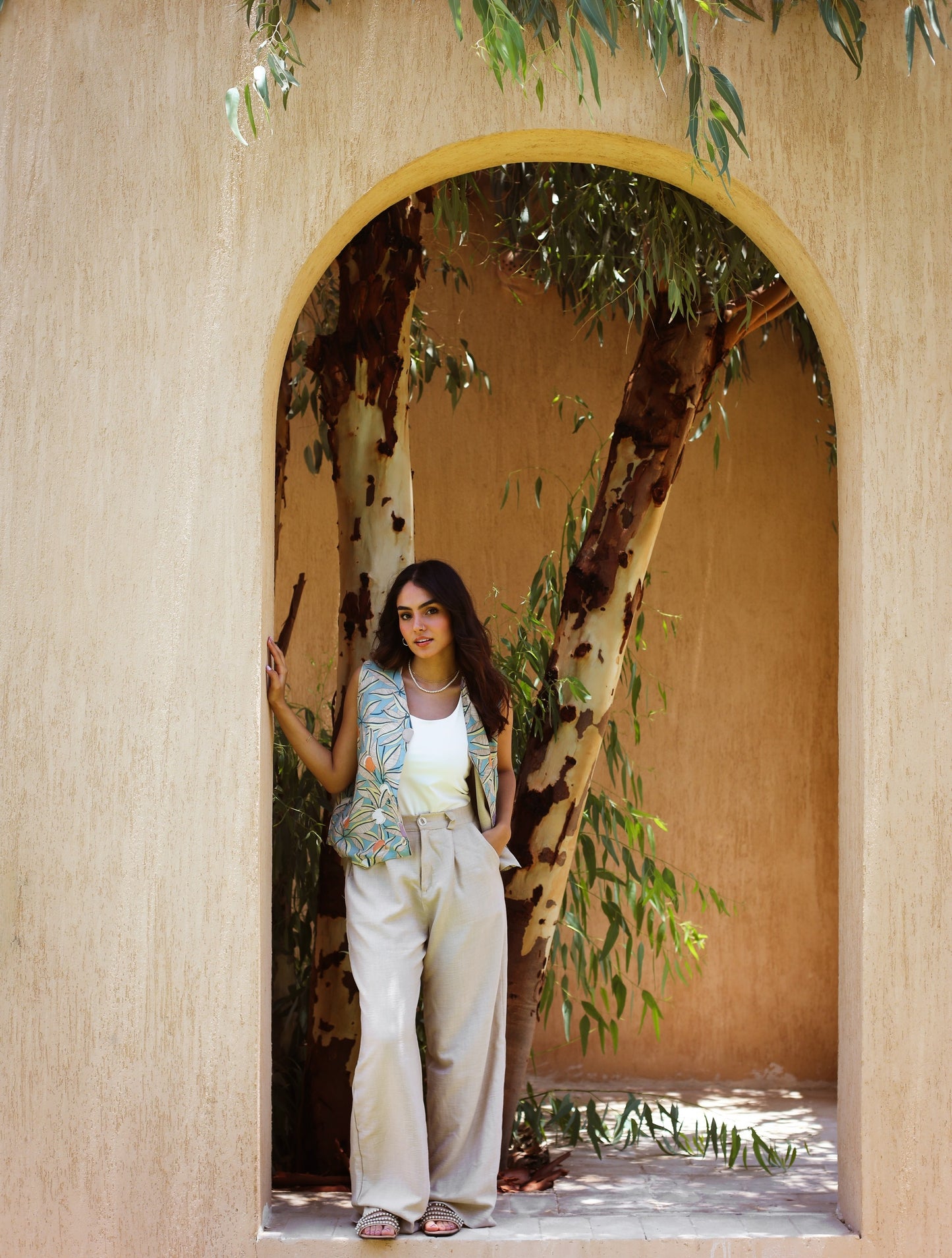 BEIGE LINEN BLEND WIDE-LEG TROUSERS