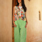 GREEN LINEN BLEND WIDE-LEG TROUSERS