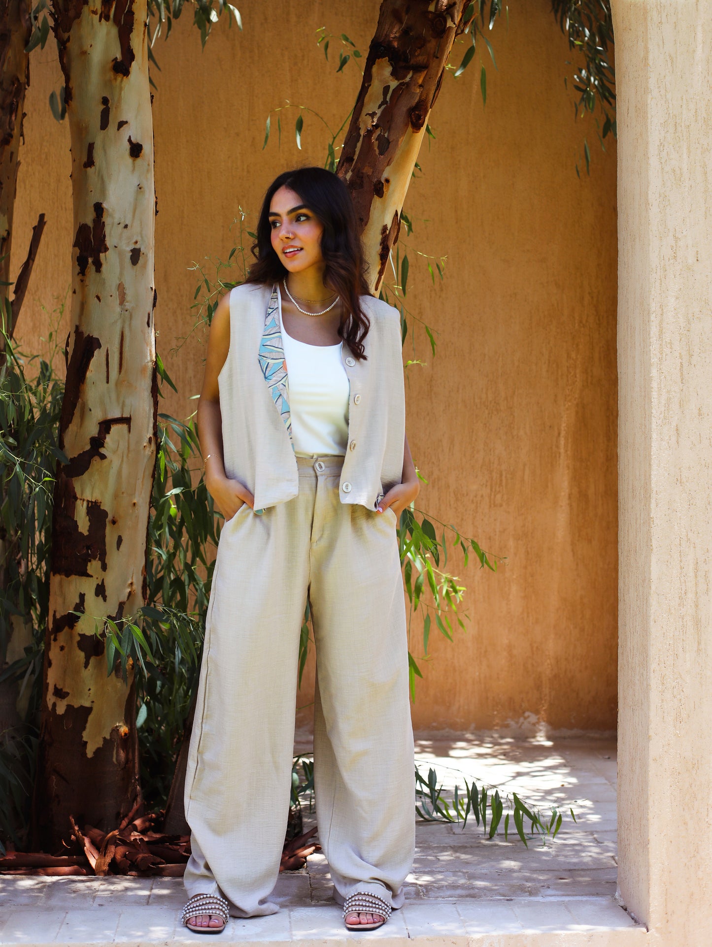 BEIGE LINEN BLEND WIDE-LEG TROUSERS