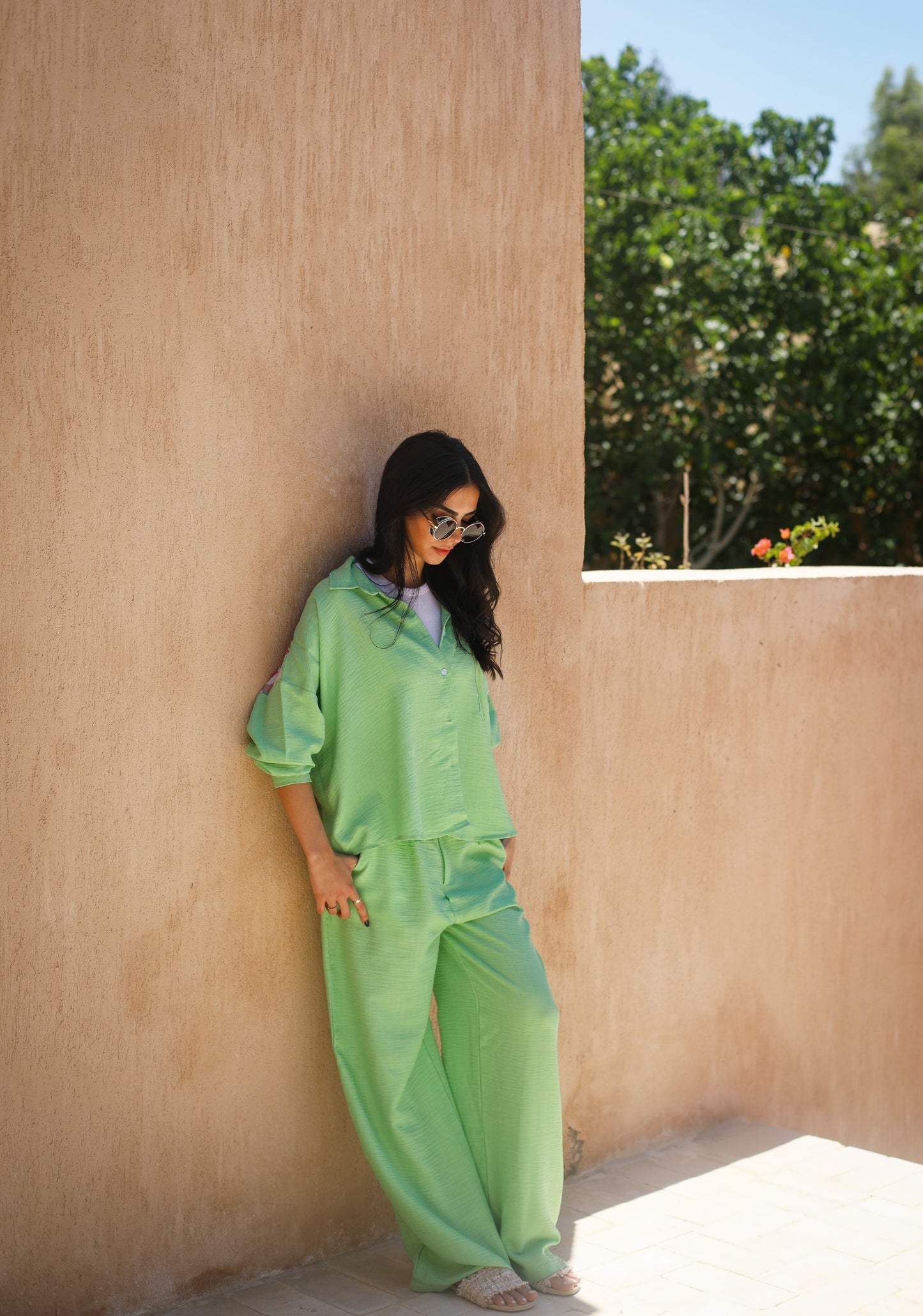 GREEN LINEN BLEND OVERSIZED SHIRT