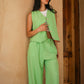 GREEN LINEN BLEND WIDE-LEG TROUSERS