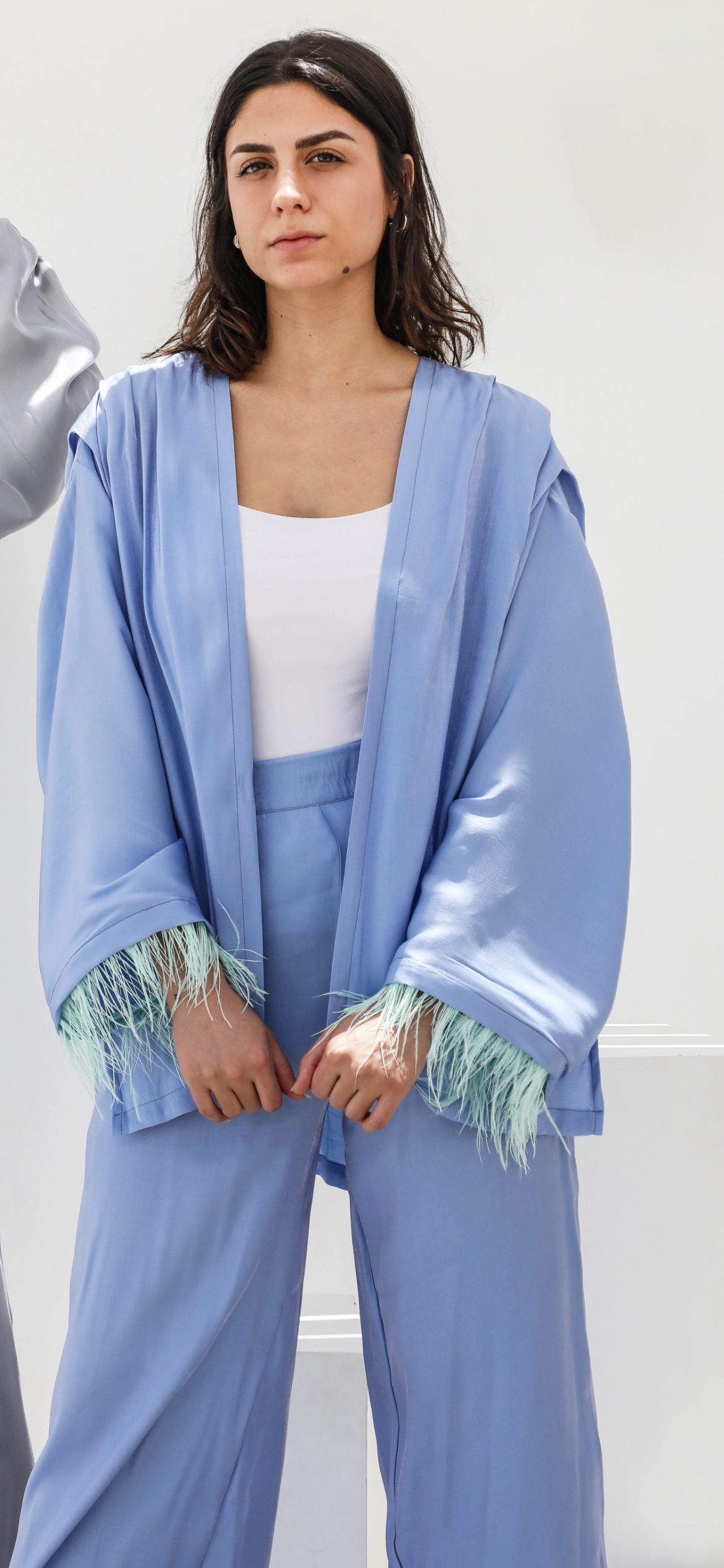 The shimmer draped shoulder with feathers set