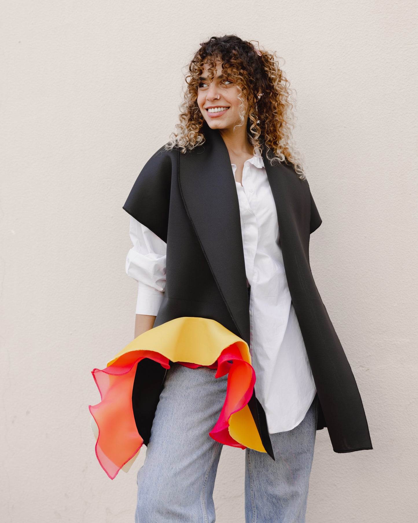 Organza Ruffled Vest in Yellow/Fushia