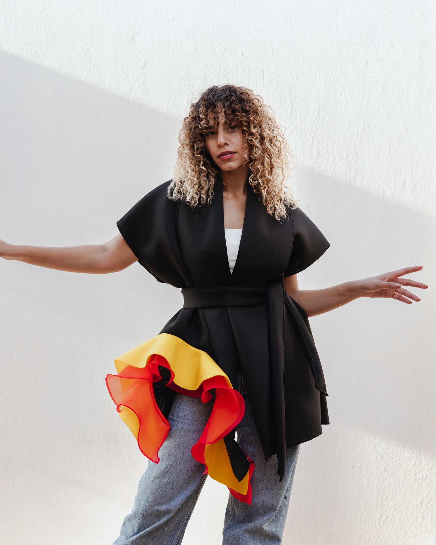 Organza Ruffled Vest in Yellow/Fushia