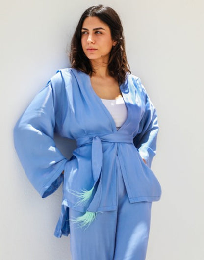 Draped Shoulder Blue Set